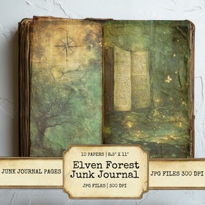 Páginas de diario basura de elfos de fantasía, elfos medievales, bosque mágico, diario imprimible de fantasía, conjunto de 10, bosque élfico caprichoso, descarga digital