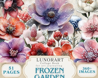 May include: A digital collage book cover featuring a variety of colorful, watercolor-style flowers. The flowers include shades of red, orange, purple, and white. The text "FROZEN GARDEN" is displayed on a banner, along with the text "LUNORART Collage Book for art journaling".