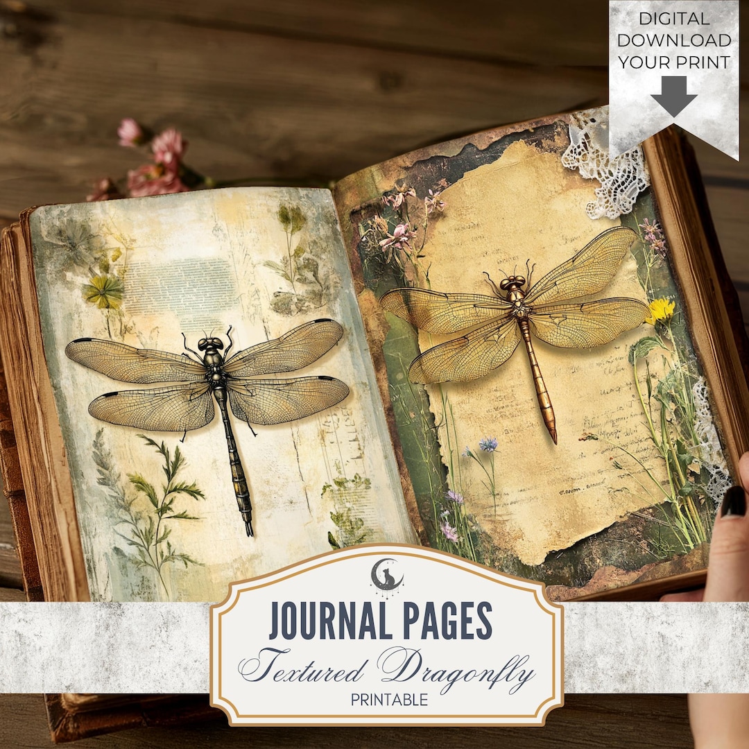 Dragonfly Textured Junk Journal Page JPG Landscape Botanical Background ...