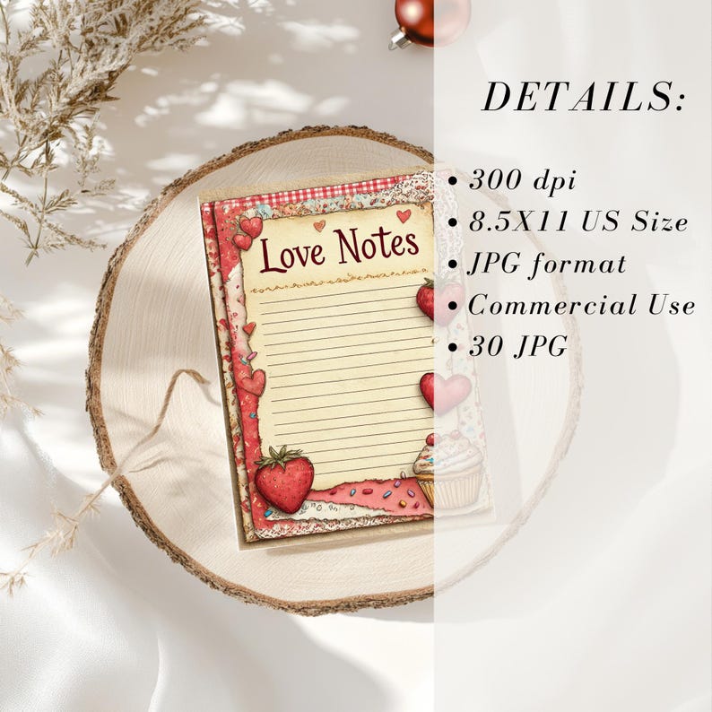 K&ouml;nnte beinhalten: Ein liniertes Notizbuch mit den Worten "Love Notes" in einer dekorativen Schriftart. Das Notizbuch hat einen rot-wei&szlig; karierten Rand, Herz- und Erdbeerillustrationen und liegt auf einer Holzscheibe.