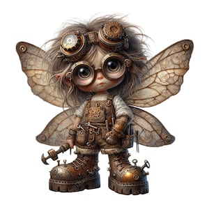 May include: A steampunk fairy illustration with large eyes, wearing goggles, a tool belt, and boots. The fairy has detailed wings and holds a wrench. The color palette includes browns, golds, and tans, creating a whimsical, mechanical aesthetic.
