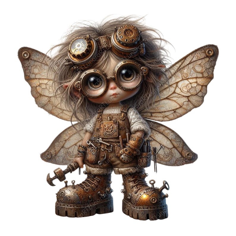 May include: A steampunk fairy illustration with large eyes, wearing goggles, a tool belt, and boots. The fairy has detailed wings and holds a wrench. The color palette includes browns, golds, and tans, creating a whimsical, mechanical aesthetic.