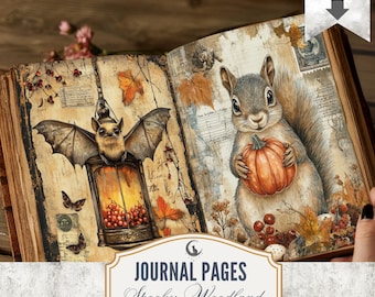 Woodland Halloween Junk Journal Pages JPG PDF Whimsical Rustic Forest Animals Ephemera Autumn Collage Scrapbook Landscape Digital Download