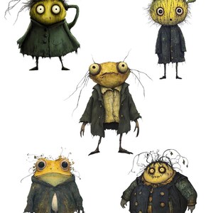 May include: Illustration of five whimsical, cartoonish creatures with large eyes and unique features. They are depicted in various poses, wearing dark coats and jackets. The text "HIGH RESOLUTION" is at the top.