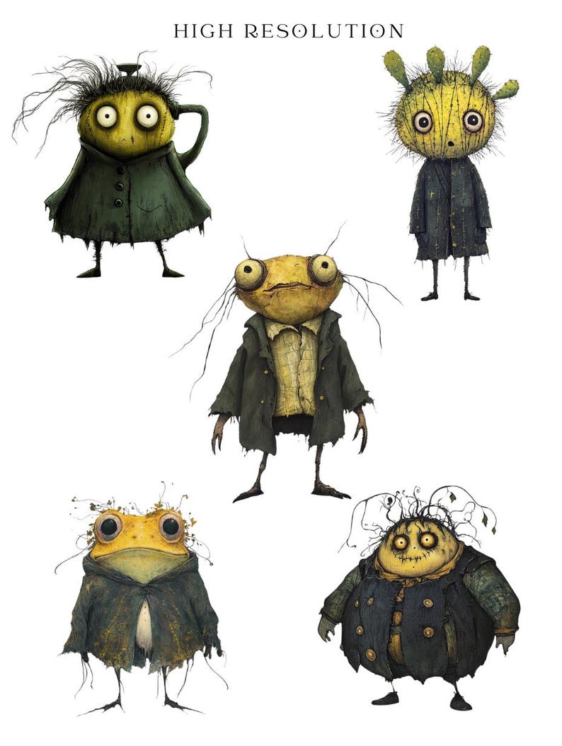 May include: Illustration of five whimsical, cartoonish creatures with large eyes and unique features. They are depicted in various poses, wearing dark coats and jackets. The text "HIGH RESOLUTION" is at the top.