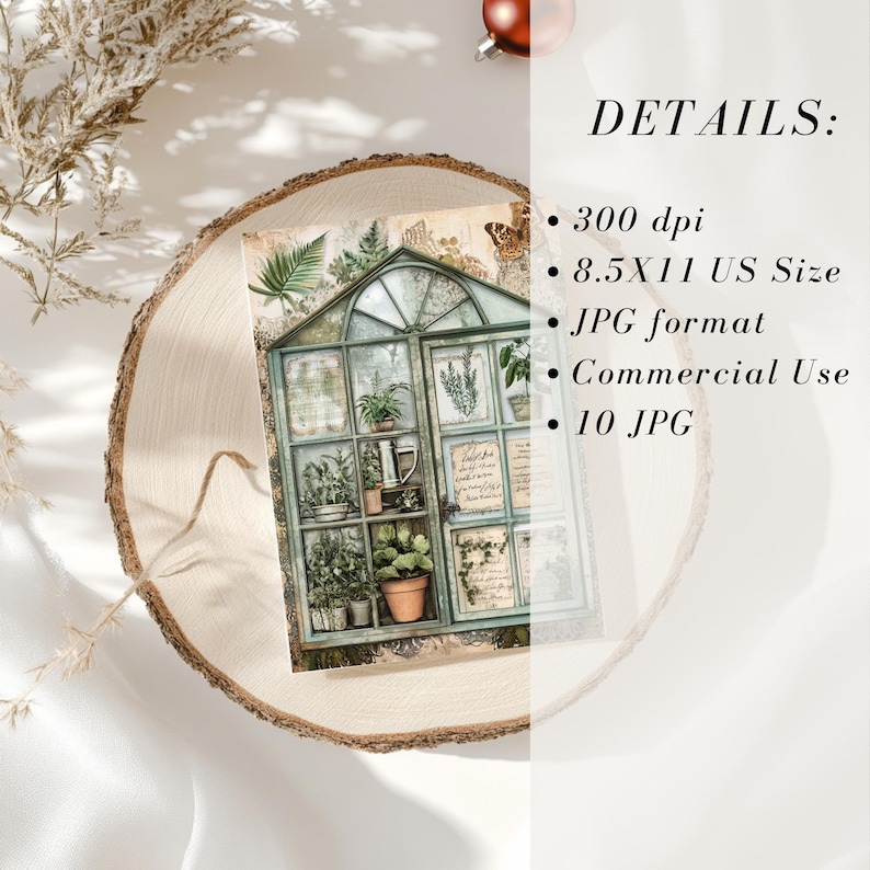 May include: A botanical-themed print featuring a detailed illustration of a greenhouse filled with potted plants. The artwork is set against a rustic wooden backdrop, with the text "DETAILS:" and other details. The print is 8.5x11 inches.