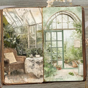 May include: A vintage-style scrapbook open to two pages depicting a greenhouse scene. One side shows a wicker chair, table with lace cloth, and a cup and saucer. The other side features a greenhouse door and potted plants. Scissors and a key are placed around the book.
