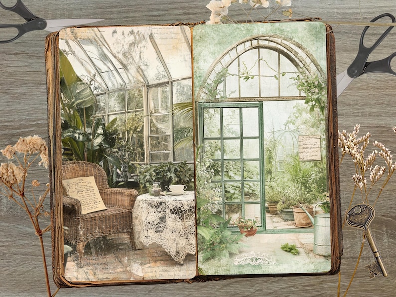 May include: A vintage-style scrapbook open to two pages depicting a greenhouse scene. One side shows a wicker chair, table with lace cloth, and a cup and saucer. The other side features a greenhouse door and potted plants. Scissors and a key are placed around the book.