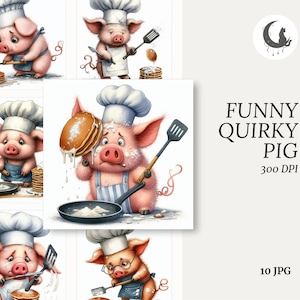 Conjunto de 10 cliparts engraçados e peculiares de chef de porcos em JPGs de alta qualidade com resolução de 300 DPI, arte culinária de animais excêntricos para scrapbooking, cartões e artesanato para download
