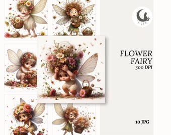 Set de 10 imágenes prediseñadas de hadas de las flores y hadas de primavera en formato JPG de alta calidad (300 ppp). Arte fantástico y caprichoso para álbumes de recortes, tarjetas de fiesta y manualidades. Descarga digital.