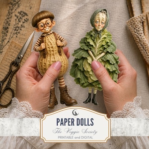 May include: Two paper dolls featuring a character with a peanut-shaped body wearing brown boots and a character dressed in green cabbage leaves with a head covering. The text reads PAPER DOLLS The Veggie Society PRINTABLE AND DIGITAL.