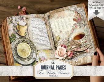 Tea Party Garden Junk Journal Pages Set of 10 Printable 300 DPI Digital Papers Floral Rustic Tea Ephemera for Scrapbooking and Collage Craft