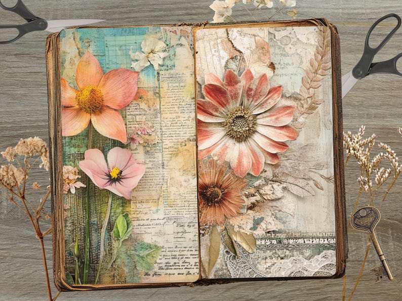 Textured Spring Flower Background Junk Journal Pages JPG Floral ...