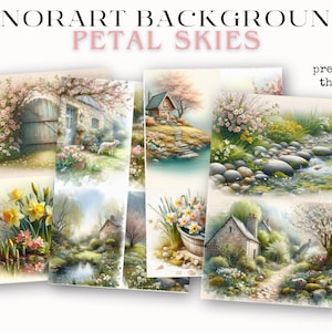 May include: A collection of watercolor art prints titled "LUNORART BACKGROUNDS PETAL SKIES." The prints feature idyllic scenes of cottages, gardens, and streams, with soft pastel colors and floral elements. The phrase "preview of the book" is also visible.