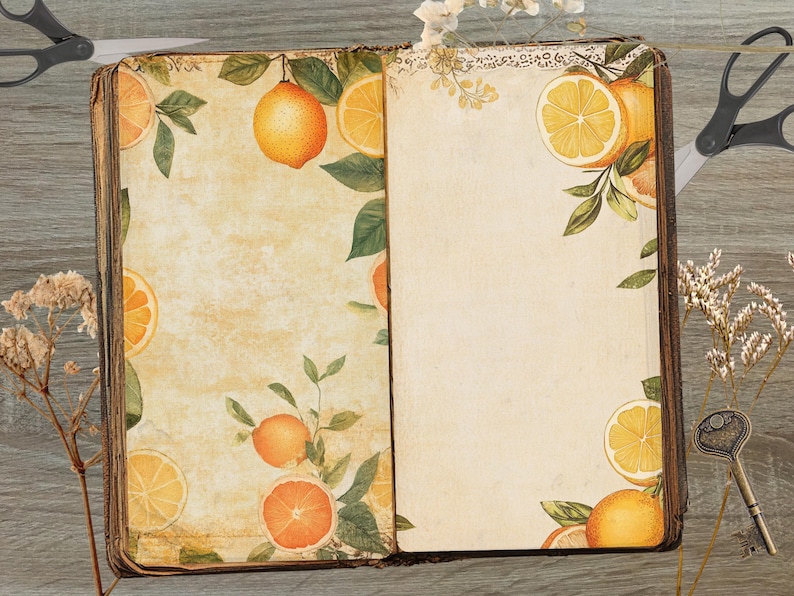 May include: An open vintage book with a yellowed, textured cover. The pages are decorated with a watercolour illustration of lemons and leaves. The book is lying open on a wooden surface.