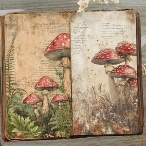 May include: Open book with vintage-style illustrations of red and white spotted mushrooms. The pages have a distressed, aged appearance with botanical elements and handwritten text. The overall theme is a whimsical, nature-inspired design.
