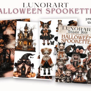 Pode incluir: Uma cole&ccedil;&atilde;o de impress&otilde;es de arte com tema de Halloween e um livro de colagem intitulado "Halloween Spookettes" de Lunorart. As imagens apresentam ilustra&ccedil;&otilde;es assustadoras de casas mal-assombradas, bonecas e cenas de Halloween. O livro &eacute; um livro de colagem para arte de di&aacute;rio.