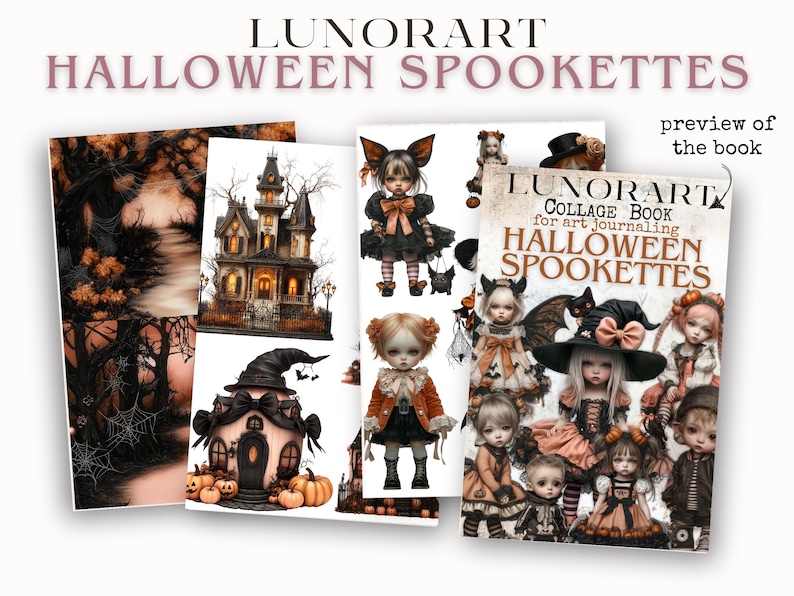 Pode incluir: Uma cole&ccedil;&atilde;o de impress&otilde;es de arte com tema de Halloween e um livro de colagem intitulado "Halloween Spookettes" de Lunorart. As imagens apresentam ilustra&ccedil;&otilde;es assustadoras de casas mal-assombradas, bonecas e cenas de Halloween. O livro &eacute; um livro de colagem para arte de di&aacute;rio.