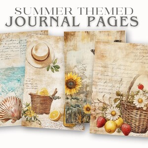 May include: Four digital journal pages with a summer theme. The pages feature a seashell, a straw hat, a basket of lemons, a sunflower, a basket of fruit, and a basket of flowers.