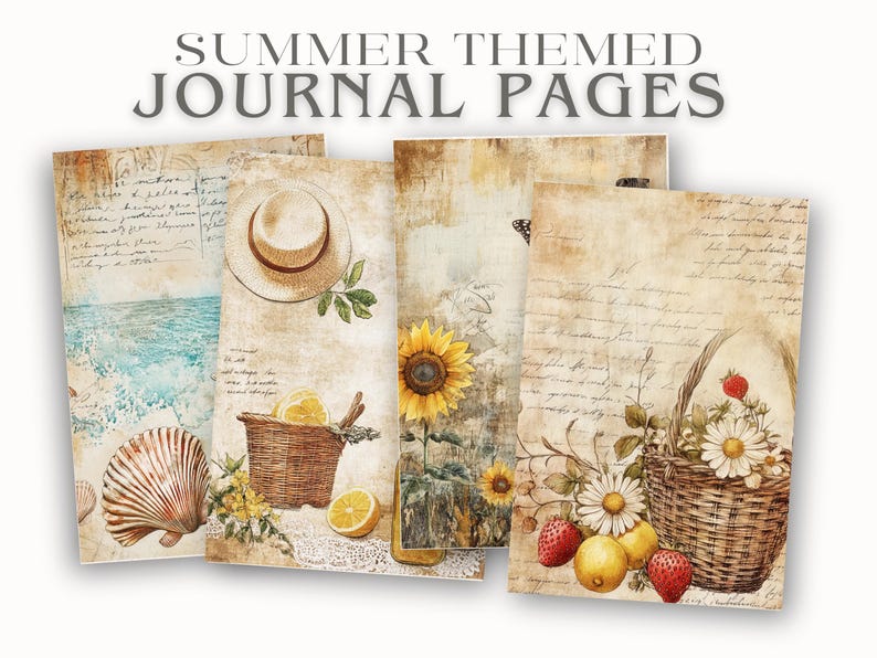 May include: Four digital journal pages with a summer theme. The pages feature a seashell, a straw hat, a basket of lemons, a sunflower, a basket of fruit, and a basket of flowers.