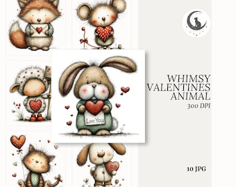 Könnte beinhalten: Aquarellillustrationen von skurrilen Tieren, die Herzen halten, perfekt für den Valentinstag. Das Bild zeigt einen Fuchs, eine Maus, ein Schaf, ein Kaninchen, eine Katze und einen Hund. Das Kaninchen hält ein Schild mit der Aufschrift "Love You". Der Text "Whimsy Valentines Animal 300 DPI 10 JPG" ist ebenfalls enthalten.