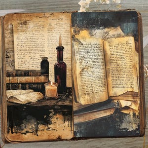 May include: An open antique book with aged pages, featuring handwritten script and illustrations. A small candle, a dark bottle, and a stack of books are on a shelf. The scene is set on a wooden surface, with scissors and a key.