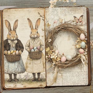 May include: An open vintage book with two bunnies holding baskets of Easter eggs. The book has a brown leather cover and is decorated with a wreath of twigs and flowers. The wreath is adorned with pastel-colored Easter eggs.