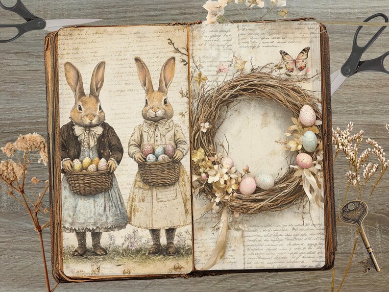 May include: An open vintage book with two bunnies holding baskets of Easter eggs. The book has a brown leather cover and is decorated with a wreath of twigs and flowers. The wreath is adorned with pastel-colored Easter eggs.