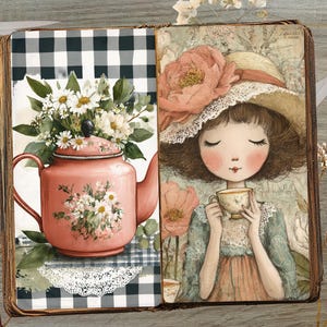 May include: A vintage-style illustration of a pink teapot with floral accents and a bouquet of white daisies. The opposite page features a girl in a hat holding a teacup. The artwork is set in an open book with a wooden background.