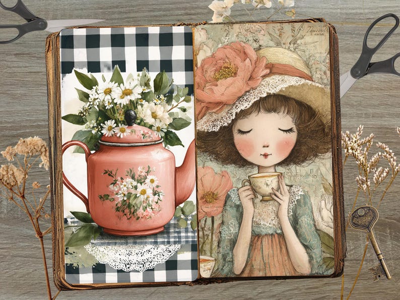 May include: A vintage-style illustration of a pink teapot with floral accents and a bouquet of white daisies. The opposite page features a girl in a hat holding a teacup. The artwork is set in an open book with a wooden background.