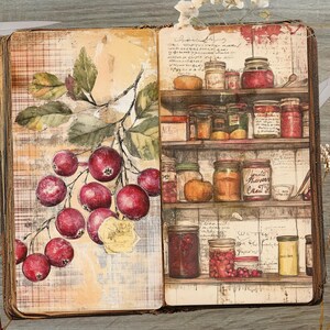 May include: Open journal illustration featuring a branch of red berries and a shelf filled with jars of preserves. The artwork has a vintage aesthetic with a warm color palette, evoking a sense of nostalgia and rustic charm. Scissors and a key are placed on the wooden surface.