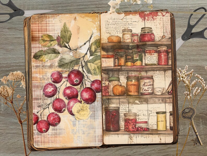 May include: Open journal illustration featuring a branch of red berries and a shelf filled with jars of preserves. The artwork has a vintage aesthetic with a warm color palette, evoking a sense of nostalgia and rustic charm. Scissors and a key are placed on the wooden surface.
