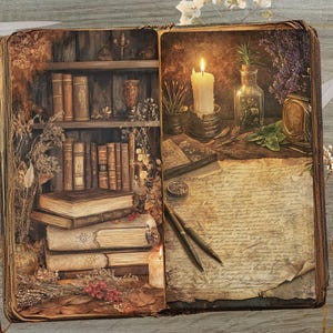 May include: An open book illustration with a vintage aesthetic. The left page features a bookshelf filled with aged books and dried flowers. The right page displays a lit candle, a glass bottle, and a handwritten parchment.