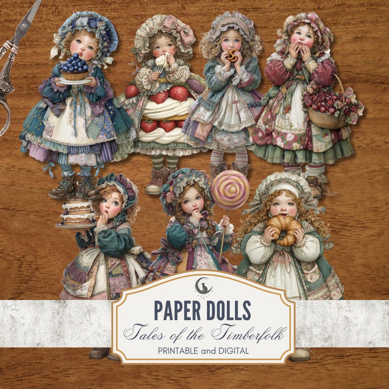 May include: A selection of vintage paper dolls, each wearing detailed, colourful outfits and bonnets. The dolls are holding various treats, including cakes, berries, and a lollipop. The image includes the text "PAPER DOLLS Tales of the Timberfolk PRINTABLE and DIGITAL."