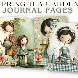 May include: Four journal pages with illustrations of girls in a garden setting. The pages feature girls with teapots, teacups, and floral decorations. The text "SPRING TEA GARDEN JOURNAL PAGES" is at the top.
