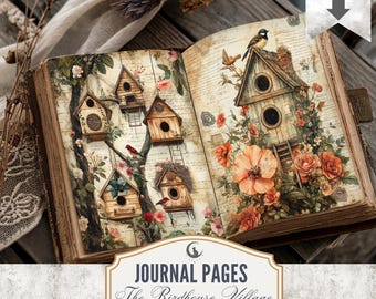 Birdhouse Village Junk Journal Pages JPG PDF Whimsical Cottagecore Mouse Bird Woodland Backgrounds A4 Landscape Scrapbook Digital Download