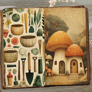 May include: An open book with whimsical illustrations. One page features gardening tools and baskets, while the other depicts mushroom houses with orange caps. The artwork has a vintage, storybook aesthetic, with a key and scissors nearby.