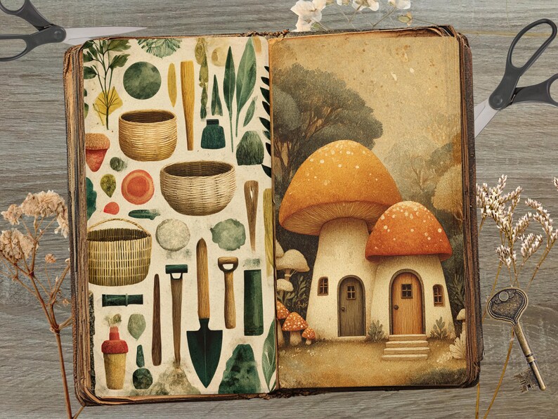 May include: An open book with whimsical illustrations. One page features gardening tools and baskets, while the other depicts mushroom houses with orange caps. The artwork has a vintage, storybook aesthetic, with a key and scissors nearby.