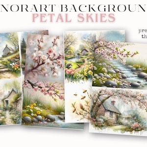 May include: A collection of watercolor art prints titled "LUNORART BACKGROUNDS PETAL SKIES." The prints feature idyllic scenes of cottages, flowering trees, and streams. The text "preview of the book" is also visible.