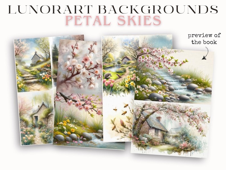 May include: A collection of watercolor art prints titled "LUNORART BACKGROUNDS PETAL SKIES." The prints feature idyllic scenes of cottages, flowering trees, and streams. The text "preview of the book" is also visible.