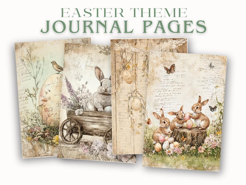 May include: Four digital printable journal pages with an Easter theme. The pages feature bunnies, birds, eggs, flowers, and vintage-style text.