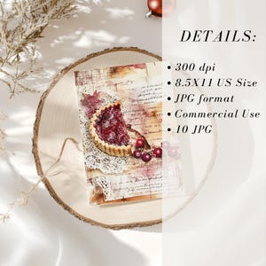 May include: A greeting card featuring a slice of cherry pie on a doily, with a vintage-style background. The card is on a wooden slice, with details including 300 dpi, 8.5X11 US Size, JPG format, Commercial Use, and 10 JPG.