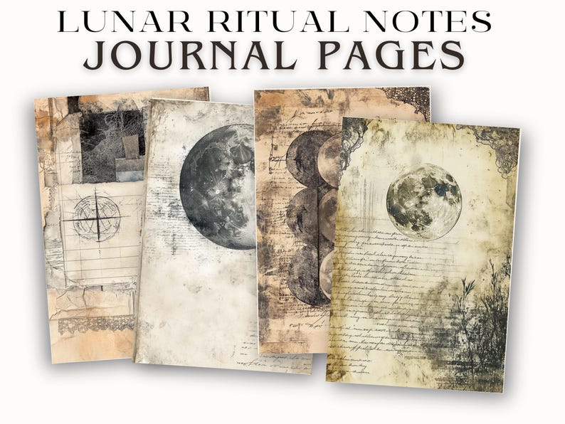 May include: A collection of journal pages with a vintage aesthetic. The pages feature illustrations of the moon, celestial bodies, and handwritten text. The text "LUNAR RITUAL NOTES JOURNAL PAGES" is at the top of the image.