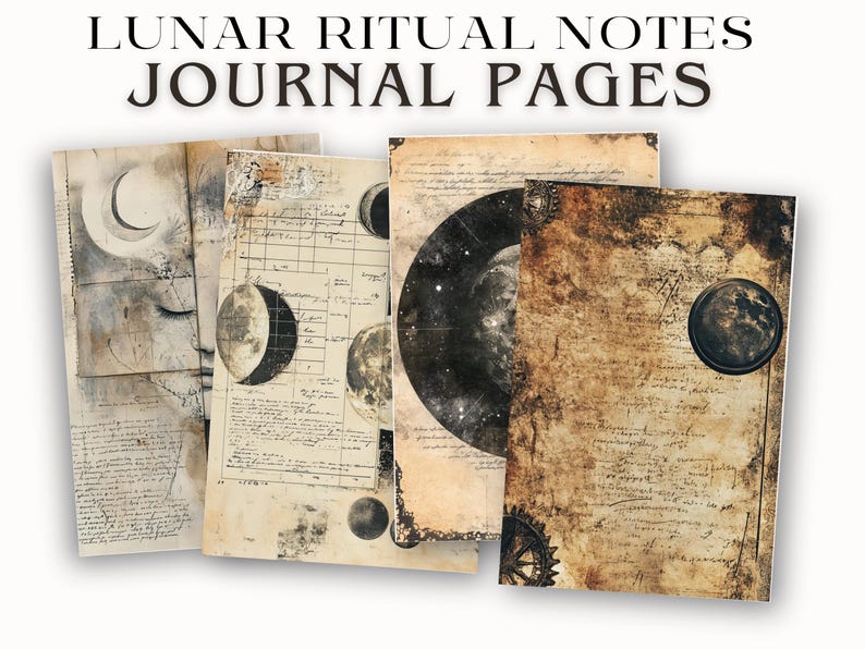 May include: Four journal pages with a vintage aesthetic. The pages feature illustrations of the moon, celestial bodies, and handwritten text. The top of the image reads "LUNAR RITUAL NOTES JOURNAL PAGES" in a serif font.