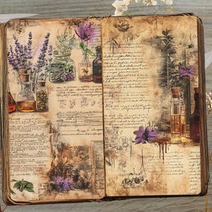 May include: An open, aged book with botanical illustrations and handwritten script. The left page features lavender, herbs, and glass bottles. The right page displays a purple flower and more bottles. A key and scissors are on the wooden surface.