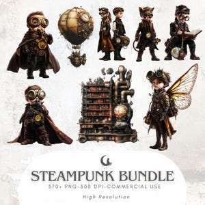 May include: A digital art bundle featuring steampunk-themed illustrations. The image includes several characters in Victorian-era inspired outfits with goggles, gears, and other mechanical elements. A hot air balloon and a complex machine are also shown. The text reads "STEAMPUNK BUNDLE".