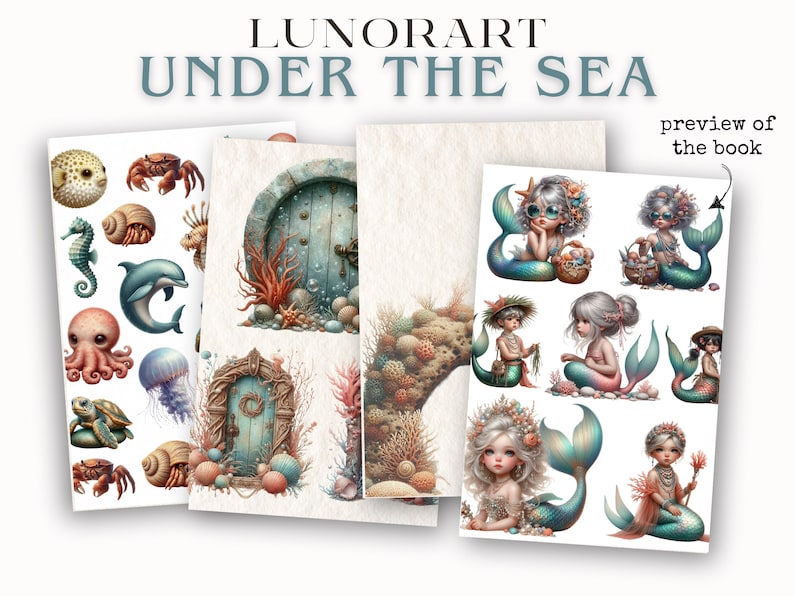Under the Sea Digital Collage Book Mermaid Ocean Sea Creatures ...