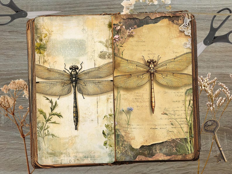 Dragonfly Textured Junk Journal Page JPG Landscape Botanical Background ...