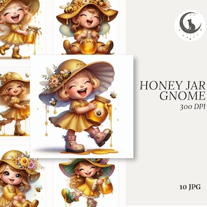 Könnte beinhalten: Digitale Illustration eines lächelnden Zwergcharakters in gelbem Kleid und Hut, der ein Honigglas hält. Das Bild hat einen skurrilen Stil mit Bienen und tropfendem Honig. Der Text lautet "HONEY JAR GNOME 300 DPI 10 JPG".