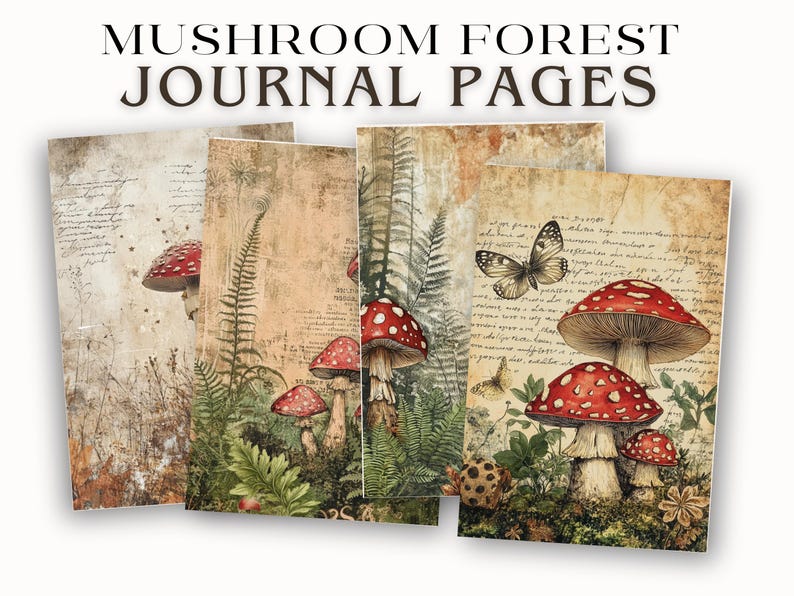 May include: A collection of journal pages with a vintage aesthetic, featuring illustrations of red-capped mushrooms, ferns, and butterflies. The text "MUSHROOM FOREST JOURNAL PAGES" is displayed at the top. The pages have a distressed, aged appearance.